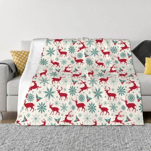 Uemuo Vintage Christmas Reindeer Printed Throw Blanket for Couch, Fluffy Fuzzy Blankets for Bed, Sofa, Cozy Flannel Faux Fur Blanket-80"x60"