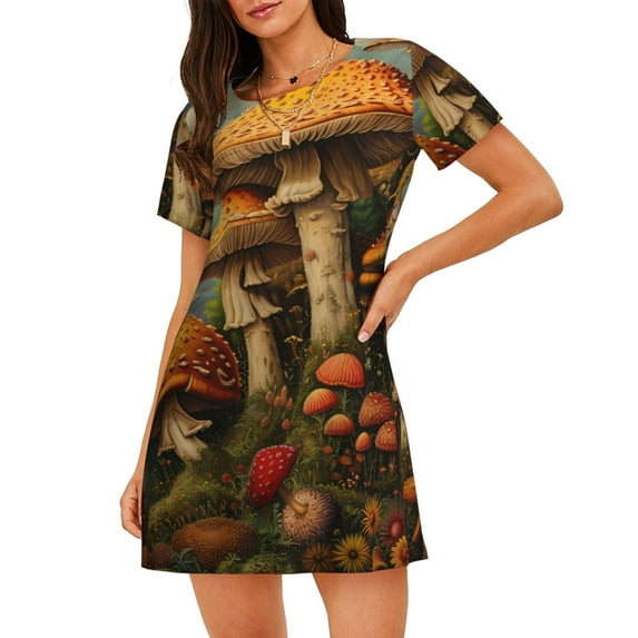 Uemuo Vintage Cloud Mushroom Pattern Women’s Nightdress – Casual Sleep Shirt, Soft Relaxed Fit Short-Sleeved Cotton Sleepwear for Home, Bedtime, and Lounging