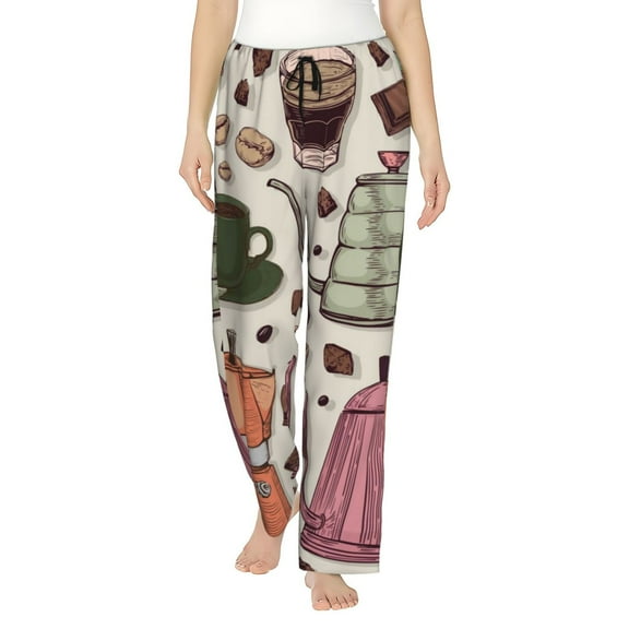 Uemuo Vintage Coffee Pattern Women's Wide Leg Palazzo Lounge Pants with Pockets Light Weight Loose Comfy Casual Pajama Pants-Small