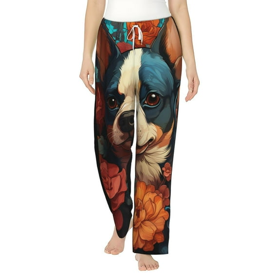 Uemuo Vintage Colorful Flower French Bulldog Pattern Women's Wide Leg Palazzo Lounge Pants with Pockets Light Weight Loose Comfy Casual Pajama Pants-Medium