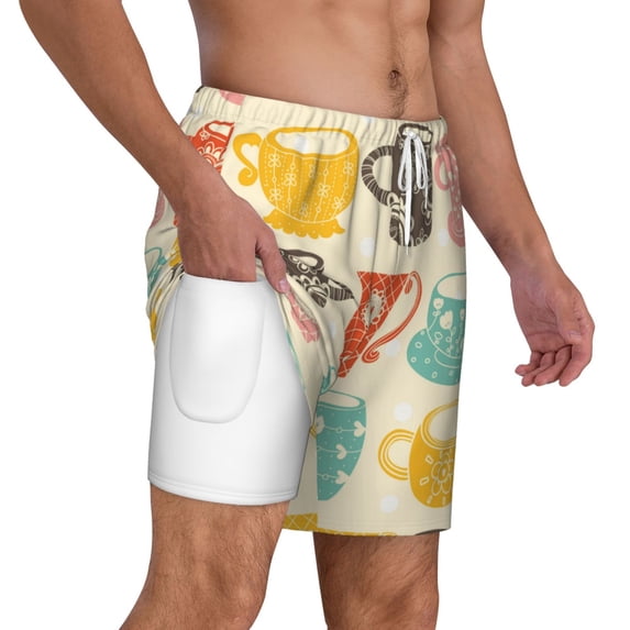 Uemuo Vintage Cup Pattern Mens Swim Trunks Quick Dry Board Shorts with Mesh Lining, Stretch Beach Shorts Quick Dry No-Chafing Board Shorts-Small