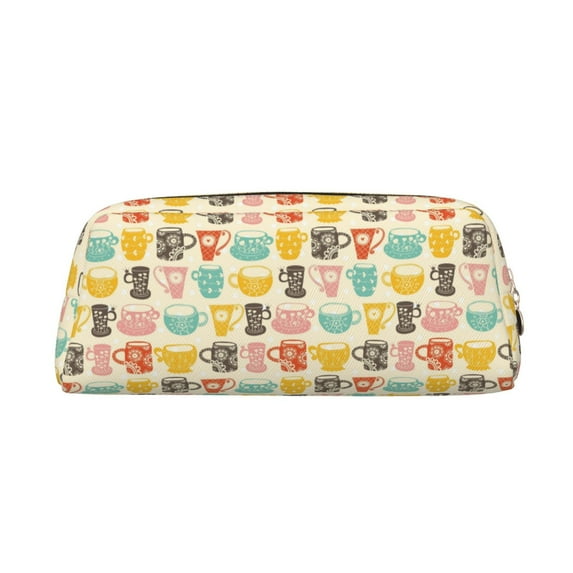 Uemuo Vintage Cup Printed Leather Pencil Case, Pencil Pouch, Portable Pencil Bag, Pen Case for& Office