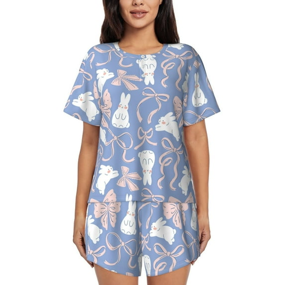 Uemuo Vintage Easter Pattern Women's Short-Sleeved Pajama, Button-Front Loungewear, 2-Piece Summer Sleepwear, Elastic Drawstring Shorts-X-Large