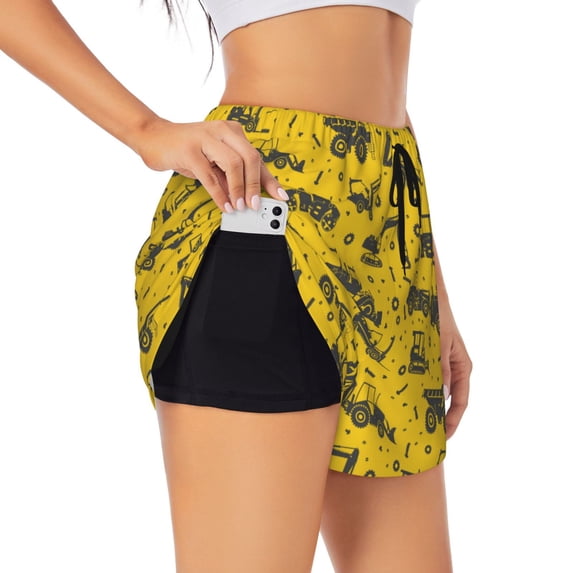 Uemuo Vintage Excavator Pattern Women's Athletic Shorts High Waisted Running Shorts with Liner Pockets Gym Elastic Workout Shorts-X-Large