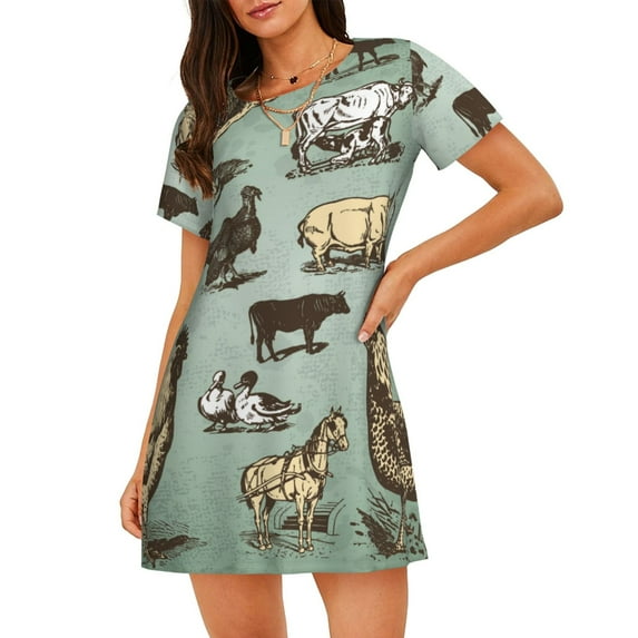 Uemuo Vintage Farm Animals Pattern Women’s Nightdress – Casual Sleep Shirt, Soft Relaxed Fit Short-Sleeved Cotton Sleepwear for Home, Bedtime, and Lounging