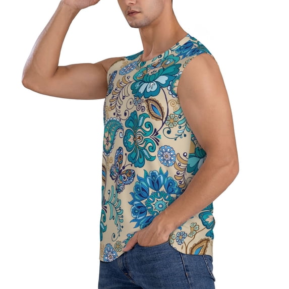 Uemuo Vintage Floral Butterflies Pattern Men's Sleeveless T-Shirt,Muscle Athletic Tank Top, Moisture-wicking Quick-dry Breathable Classic Tee Top for Gym Run Outdoor Sports-3X-Large