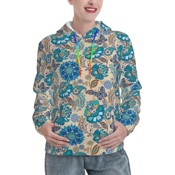 Uemuo Vintage Floral Butterflies Pattern Women's Hoodie with Eye-catching Drawstrings- Casual Pullover Hoodie with Kangaroo Pocket, Stylish Hooded Sweatshirt-Large