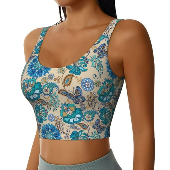 Uemuo Vintage Floral Butterflies Pattern Women's Sports Bra - High Impact Support, Breathable, and Comfortable Athletic Bra for Running, Yoga, and Workouts