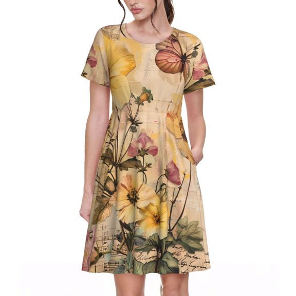 Uemuo Vintage Floral Butterfly Collage Print Womens Summer Dress Casual Swing Short Sleeve Sundresses Beach A-line Shift Dress