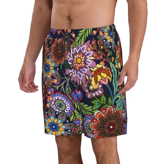 Uemuo Vintage Floral Pattern Men's Swim Trunks Hawaiian Beach Bathing Suit Swimsuits Beach Quick-Dry Shorts with Pockets-Medium