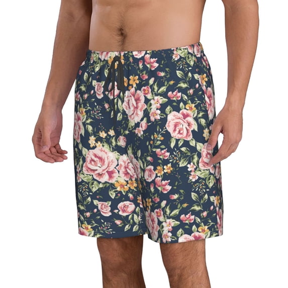 Uemuo Vintage Floral Pattern Men's Swim Trunks Hawaiian Beach Bathing Suit Swimsuits Beach Quick-Dry Shorts with Pockets-XX-Large