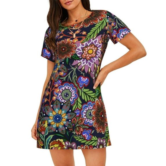 Uemuo Vintage Floral Pattern Women’s Nightdress – Casual Sleep Shirt, Soft Relaxed Fit Short-Sleeved Cotton Sleepwear for Home, Bedtime, and Lounging