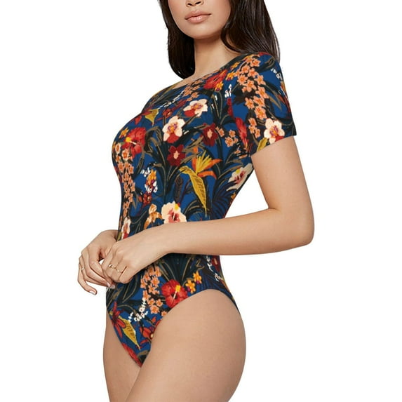 Uemuo Vintage Floral Pattern Women's One Piece Short Sleeve Swimsuit Rash Guard Surfing Modest Quick-drying Swimsuit Beach Essentials-