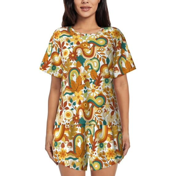 Uemuo Vintage Floral Pattern Women's Short-Sleeved Pajama, Button-Front Loungewear, 2-Piece Summer Sleepwear, Elastic Drawstring Shorts-3X-Large