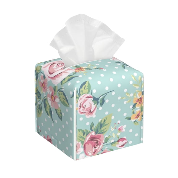 Uemuo Vintage Floral Tissue Box Cover Holder, Square with Bottom Belt - PVC Leather Decorative Organizer for Tabletop, Bathroom, Car, Office