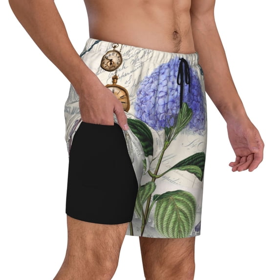 Uemuo Vintage Flower Pattern Mens Swim Trunks Quick Dry Board Shorts with Mesh Lining, Stretch Beach Shorts Quick Dry No-Chafing Board Shorts-XX-Large