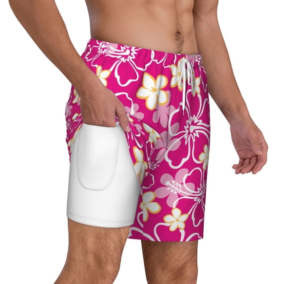 Uemuo Vintage Flowers Pattern Mens Swim Trunks Quick Dry Board Shorts with Mesh Lining, Stretch Beach Shorts Quick Dry No-Chafing Board Shorts-Medium