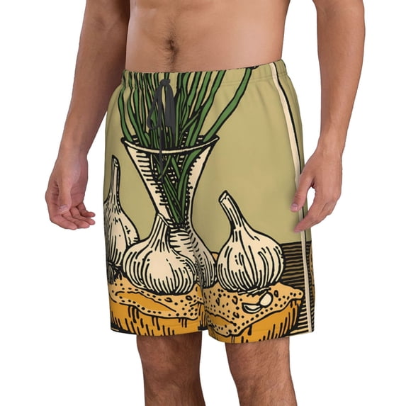 Uemuo Vintage Garlic Bread Illustration Pattern Men's Swim Trunks Hawaiian Beach Bathing Suit Swimsuits Beach Quick-Dry Shorts with Pockets-Large