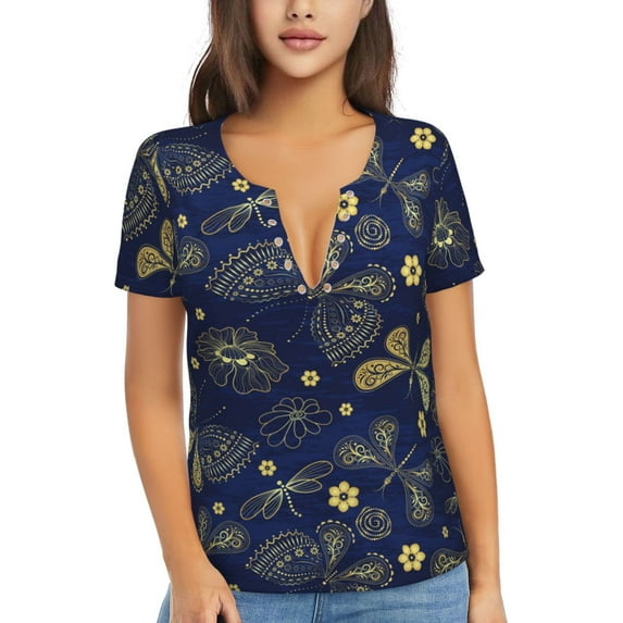 Uemuo Vintage Golden Butterfly Drawing Women's Deep V-Neck Low Cut Tops - Casual Loose Fit with Stainless Steel Loop, Soft, Breathable, Perfect for Office, Travel, and Daily Wear-Small