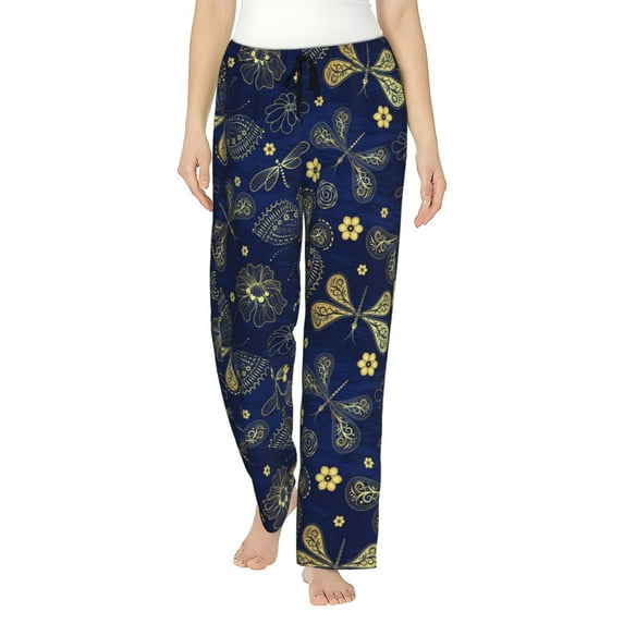Uemuo Vintage Golden Butterfly Pattern Women's Wide Leg Palazzo Lounge Pants with Pockets Light Weight Loose Comfy Casual Pajama Pants-X-Large
