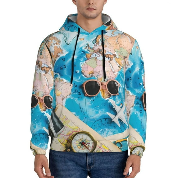 Uemuo Vintage Map Travel Essentials Pattern Men's Hoodie - Casual Pullover Hoodie with Kangaroo Pocket, Stylish Hooded Sweatshirt for Everyday Wear-3X-Large