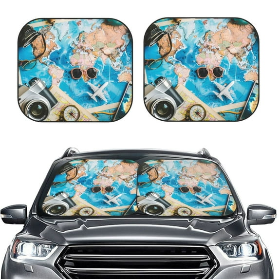 Uemuo Vintage Map Travel Essentials Printed 2 PCS Car Windshield Sun Shade, Auto Sun Heat and UV Rays Blocker, Foldable Automotive Front Window Sunshade Protector