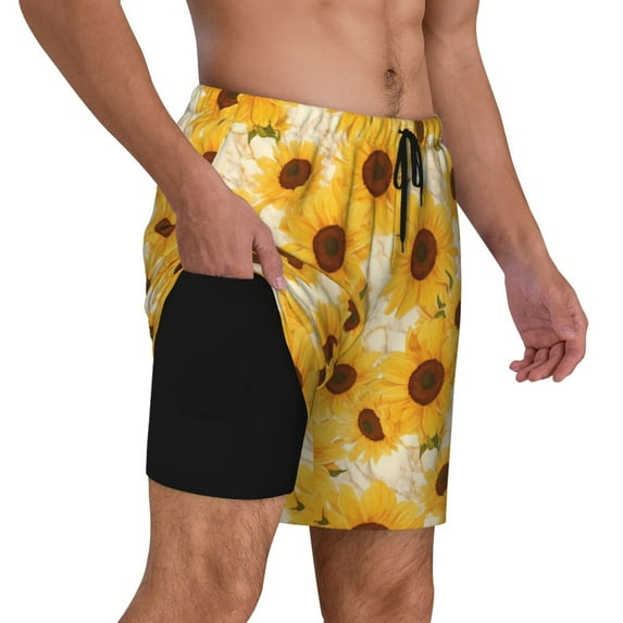 Uemuo Vintage Marble Pattern Sunflower Pattern Mens Swim Trunks Quick Dry Board Shorts with Mesh Lining, Stretch Beach Shorts Quick Dry No-Chafing Board Shorts-Medium