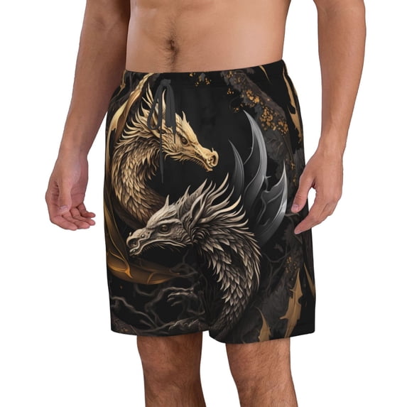 Uemuo Vintage Metal Dragon Pattern Men's Swim Trunks Hawaiian Beach Bathing Suit Swimsuits Beach Quick-Dry Shorts with Pockets-Small