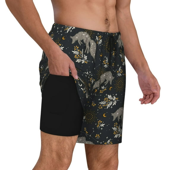 Uemuo Vintage Moon with Plants and Fox Pattern Mens Swim Trunks Quick Dry Board Shorts with Mesh Lining, Stretch Beach Shorts Quick Dry No-Chafing Board Shorts-