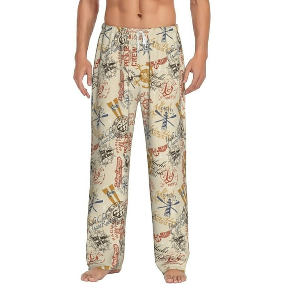 Uemuo Vintage Nautical Pattern Men's Wide Leg Palazzo Lounge Pants with Pockets Light Weight Loose Comfy Casual Pajama Pants-Medium