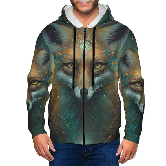 Uemuo Vintage Pattern Fox for Men's Fashion Full-zip Hoodies & Sweatshirts with Kangaroo Pocket, Zip-up Hooded Sweatshirt, Moisture Wicking & Breathable-Large