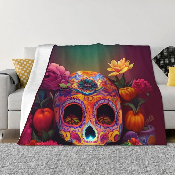 Uemuo Vintage Patterned Skull Printed Throw Blanket for Couch, Fluffy Fuzzy Blankets for Bed, Sofa, Cozy Flannel Faux Fur Blanket-50"x40"