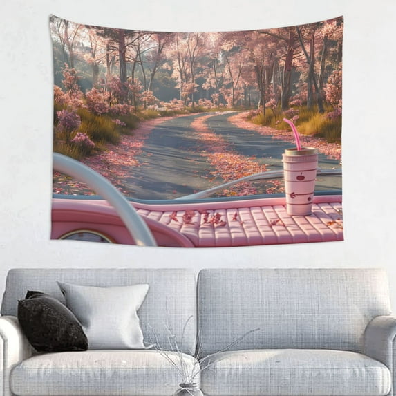 Uemuo Vintage Pink Drive View Printed 29x37 Inch Tapestry Wall Hanging – Lightweight & Durable – Perfect for Dorm Decor, Beach Throw, Sofa Cover, Tablecloth