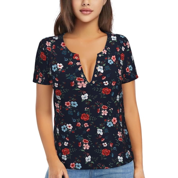 Uemuo Vintage Rose Drawing Women's Deep V-Neck Low Cut Tops - Casual Loose Fit with Stainless Steel Loop, Soft, Breathable, Perfect for Office, Travel, and Daily Wear-XX-Large