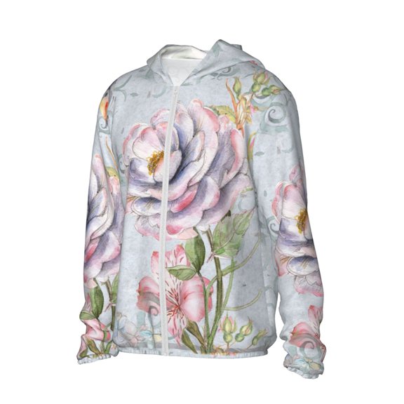 Uemuo Vintage Rose Pattern Women's Full Zip UPF 50  Sun Protection Hoodie Jacket Long Sleeve Sun Shirt Hiking Outdoor Performance with Pockets-Large