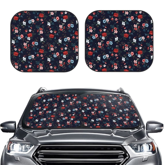 Uemuo Vintage Rose Printed 2 PCS Car Windshield Sun Shade, Auto Sun Heat and UV Rays Blocker, Foldable Automotive Front Window Sunshade Protector