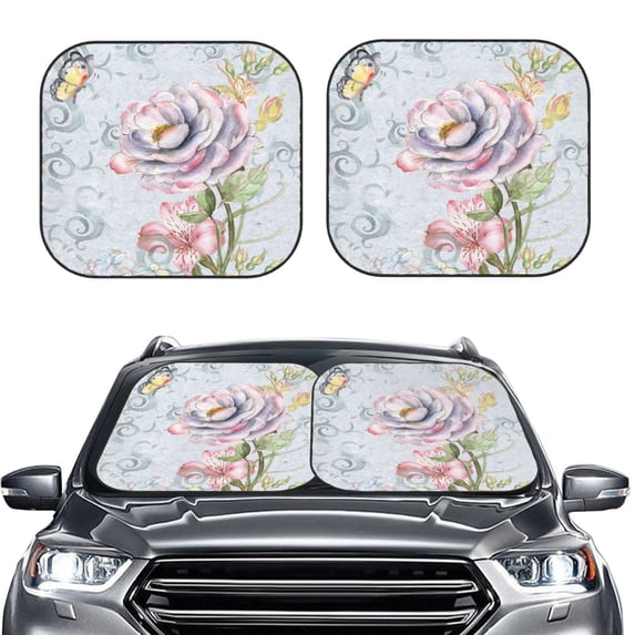 Uemuo Vintage Rose Printed 2 PCS Car Windshield Sun Shade, Auto Sun Heat and UV Rays Blocker, Foldable Automotive Front Window Sunshade Protector