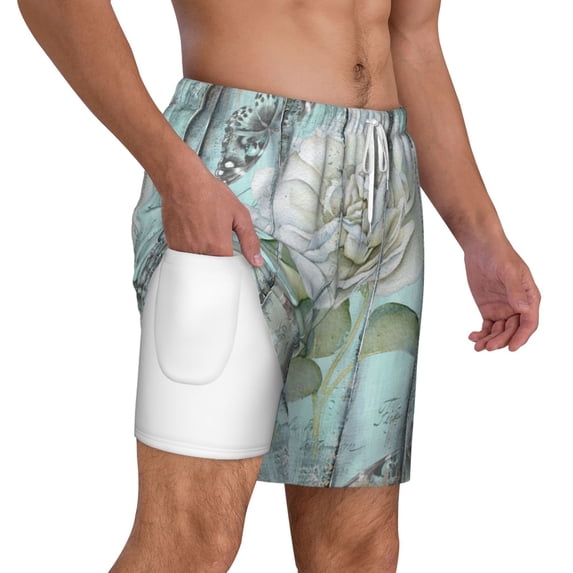 Uemuo Vintage Rose1 Pattern Mens Swim Trunks Quick Dry Board Shorts with Mesh Lining, Stretch Beach Shorts Quick Dry No-Chafing Board Shorts-Small
