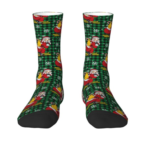 Uemuo Vintage Santa Skiing Green Plaid Pattern Women's Crew Socks, Soft Durable Breathable Moisture-Wicking with Odor Control Cotton socks