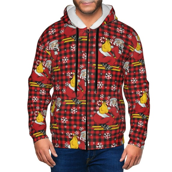Uemuo Vintage Santa Skiing Red Plaid for Men's Fashion Full-zip Hoodies & Sweatshirts with Kangaroo Pocket, Zip-up Hooded Sweatshirt, Moisture Wicking & Breathable-Medium