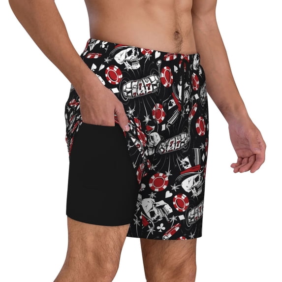 Uemuo Vintage Skull Casino Pattern Mens Swim Trunks Quick Dry Board Shorts with Mesh Lining, Stretch Beach Shorts Quick Dry No-Chafing Board Shorts-XX-Large