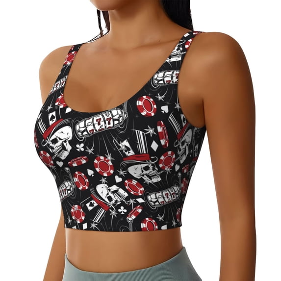 Uemuo Vintage Skull Casino Pattern Women's Sports Bra - High Impact Support, Breathable, and Comfortable Athletic Bra for Running, Yoga, and Workouts