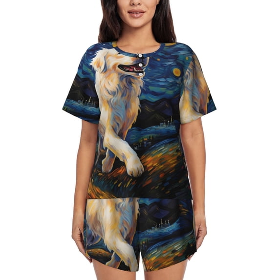 Uemuo Vintage Starry Sky Labrador A Pattern Women's Short-Sleeved Pajama, Button-Front Loungewear, 2-Piece Summer Sleepwear, Elastic Drawstring Shorts-X-Large