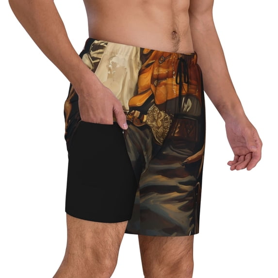 Uemuo Vintage Style Elk Pattern Mens Swim Trunks Quick Dry Board Shorts with Mesh Lining, Stretch Beach Shorts Quick Dry No-Chafing Board Shorts-Medium