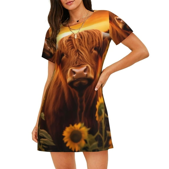 Uemuo Vintage Sunflower Cow B Pattern Women’s Nightdress – Casual Sleep Shirt, Soft Relaxed Fit Short-Sleeved Cotton Sleepwear for Home, Bedtime, and Lounging