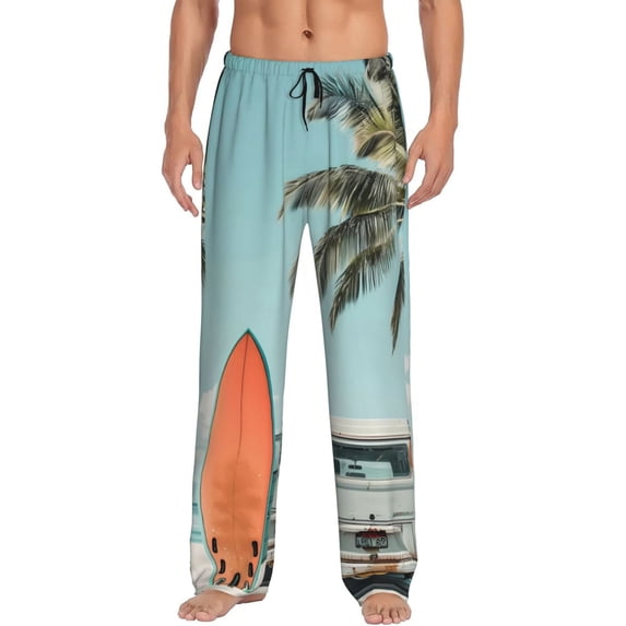 Uemuo Vintage Surf Van Beach Pattern Men's Wide Leg Palazzo Lounge Pants with Pockets Light Weight Loose Comfy Casual Pajama Pants-Large