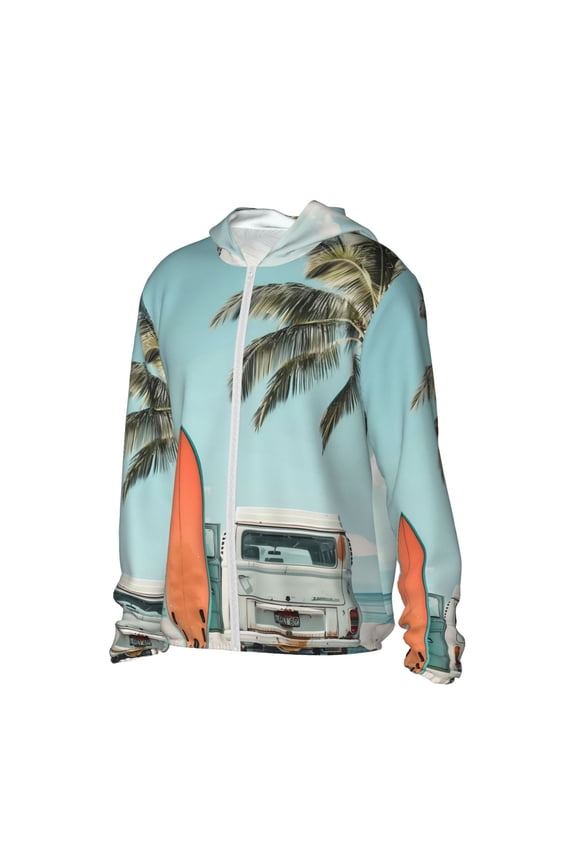 Vintage Surf Van Beach Pattern Women's Full Zip UPF 50+ Sun Protection Hoodie Jacket Long Sleeve Sun Shirt Hiking Outdoor Performance with Pockets-