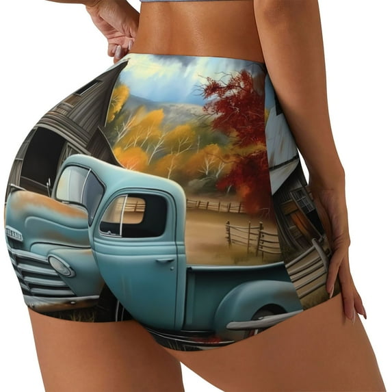 Uemuo Vintage Truck Farm Scene Pattern Women Workout Impact Shorts Scrunch Butt Lifting Gym Shorts Seamless Booty Biker Shorts-Medium