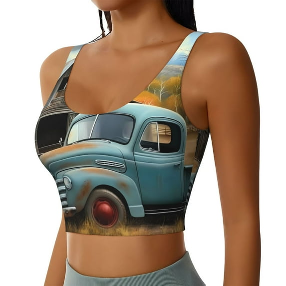 Uemuo Vintage Truck Farm Scene Pattern Women's Sports Bra - High Impact Support, Breathable, and Comfortable Athletic Bra for Running, Yoga, and Workouts