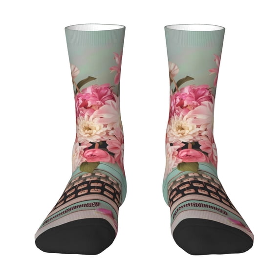 Uemuo Vintage Typewriter Floral Pattern Women's Crew Socks, Soft Durable Breathable Moisture-Wicking with Odor Control Cotton socks